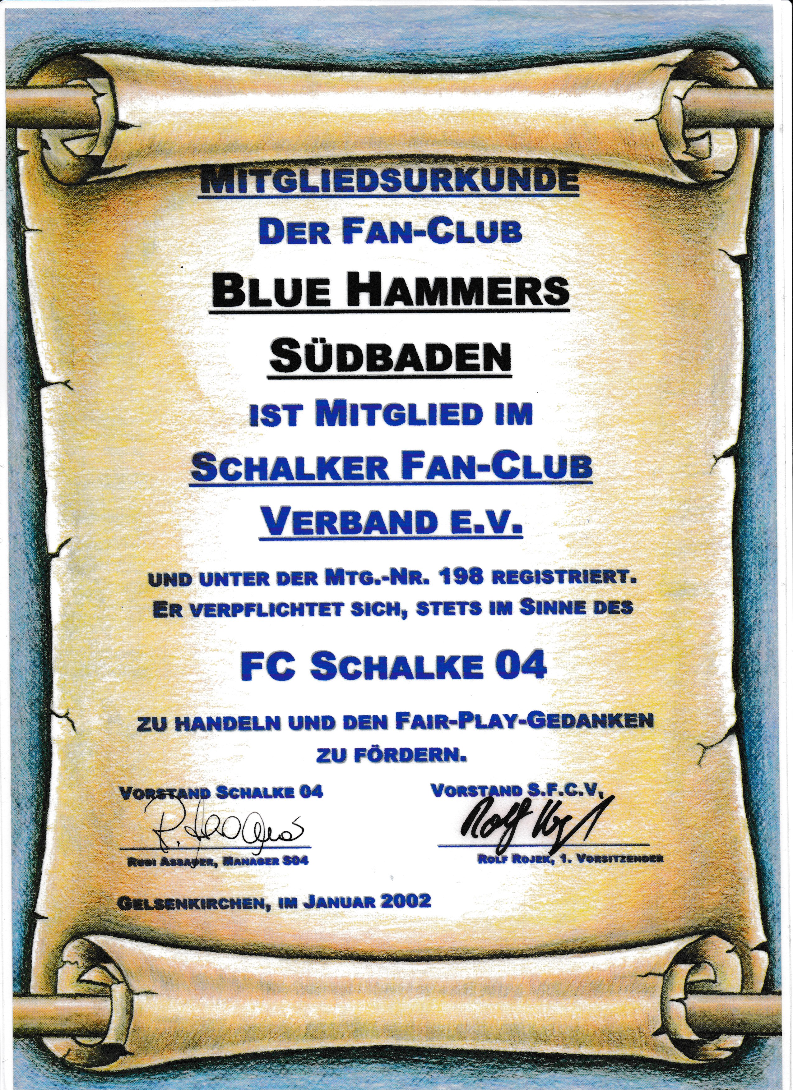 Mitgliedsurkunde Blue Hammers